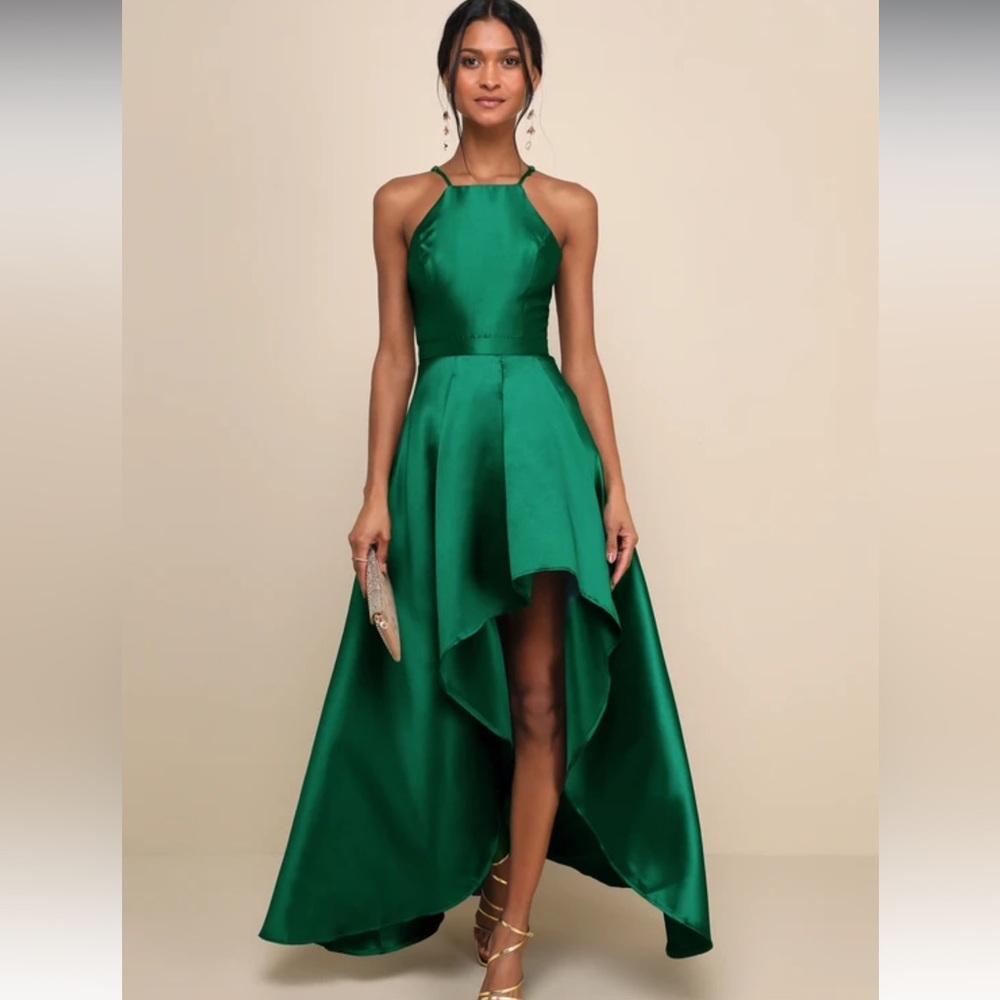 Lulu's Emerald Green High-Low Satin Dress